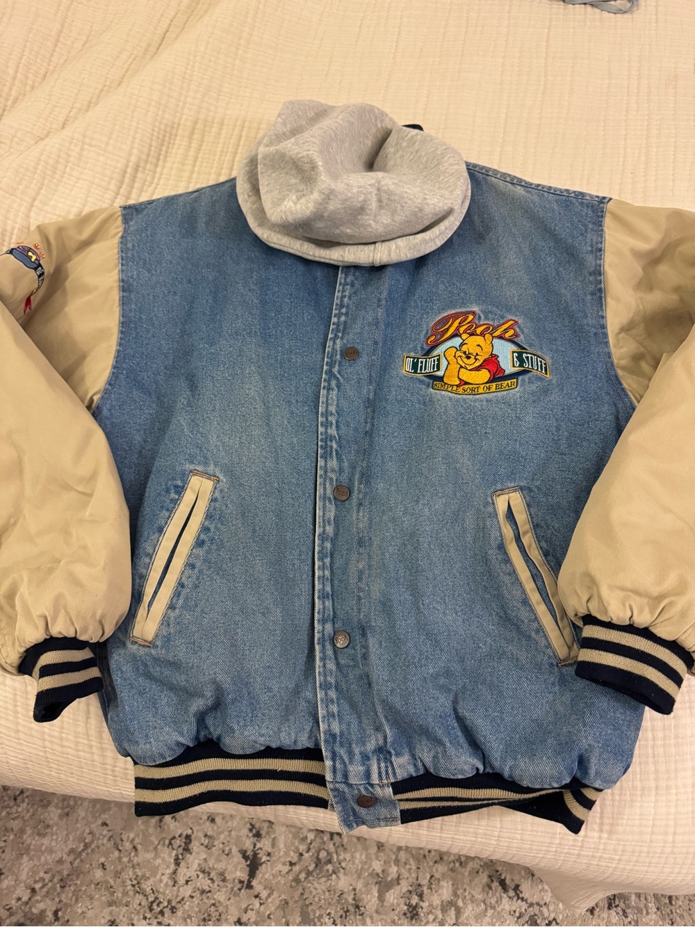 Disney Blue Denim Bomber Jacket with Cream Sleeves